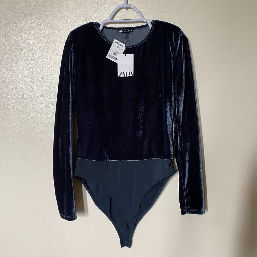 NWT Zara Slate Blue Velvet Body Suit Sz L